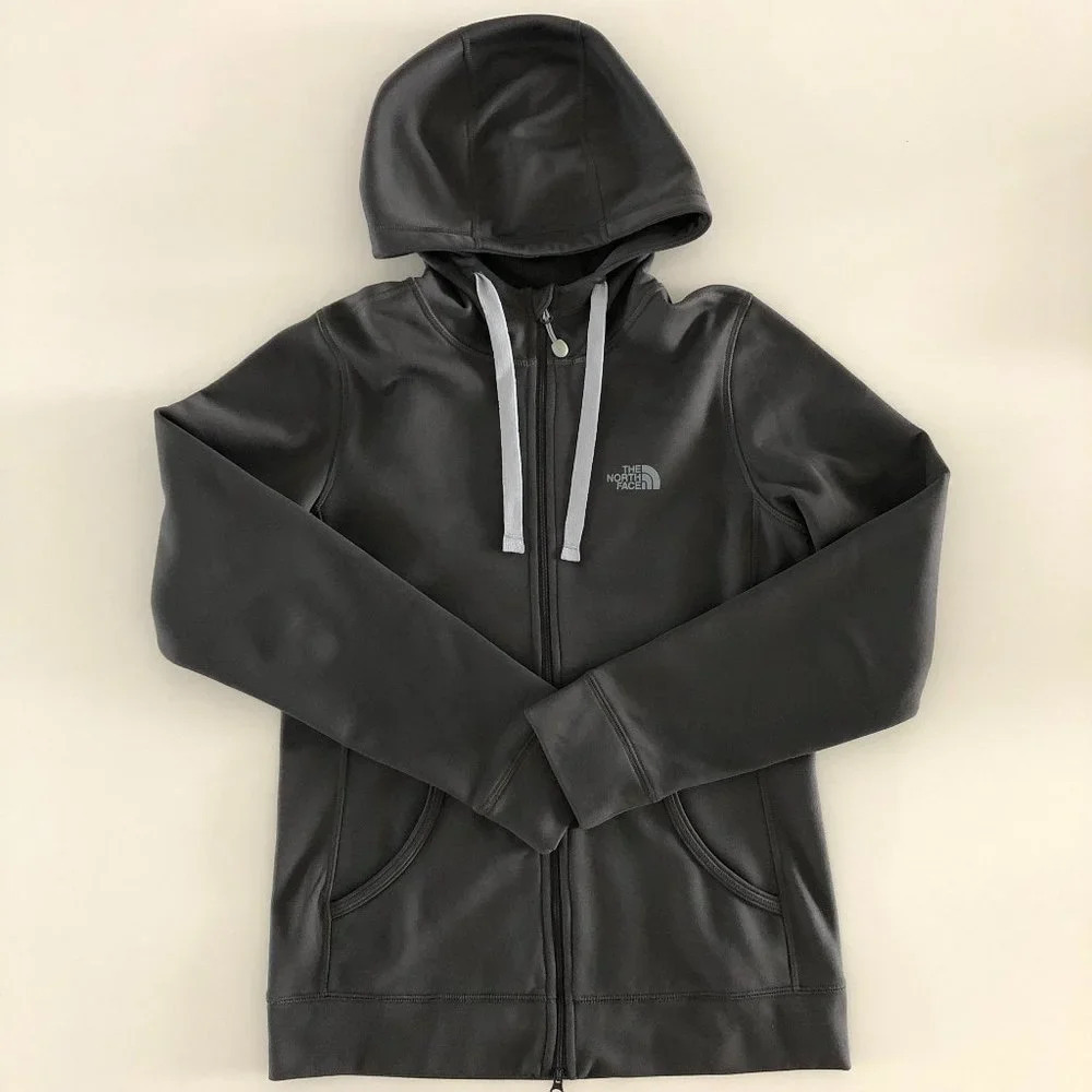 North Face Front Zip Hoodie Bomber Jacket Grey w Baby Blue Drawstrings Sz S